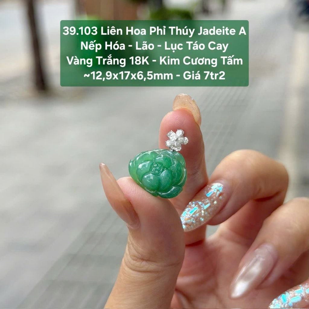 39.103 Liên Hoa Phỉ Thuý Jadeite A - Nếp Hoá- Lão - Lục Táo Cay - VT18K - KC Tấm ~ 12,9x17x6,5mm