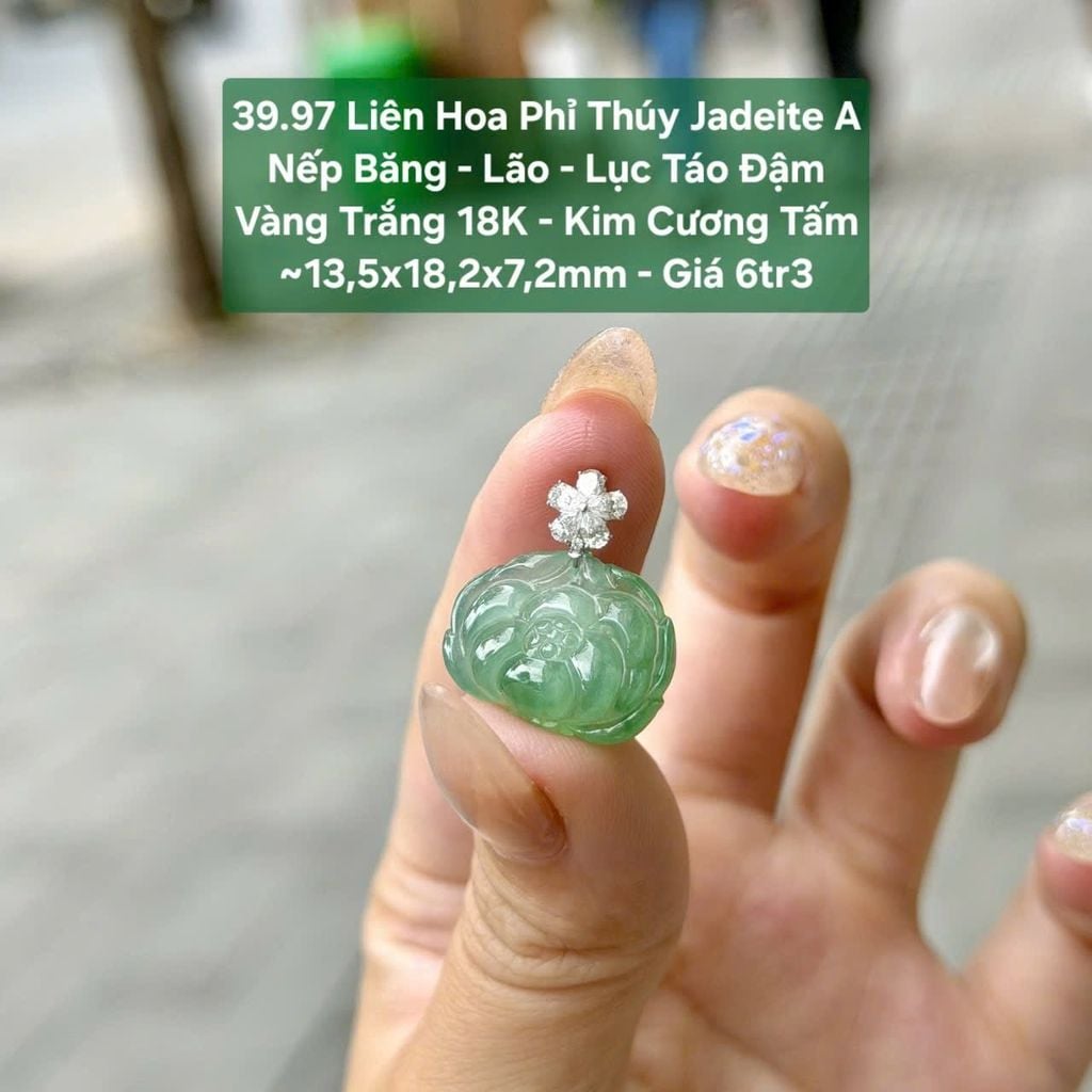 39.97 Liên Hoa Phỉ Thuý Jadeite A - Nếp Băng - Lão - Lục Táo Đậm - VT18K - KC Tấm ~ 13,5x18,2x7,2mm