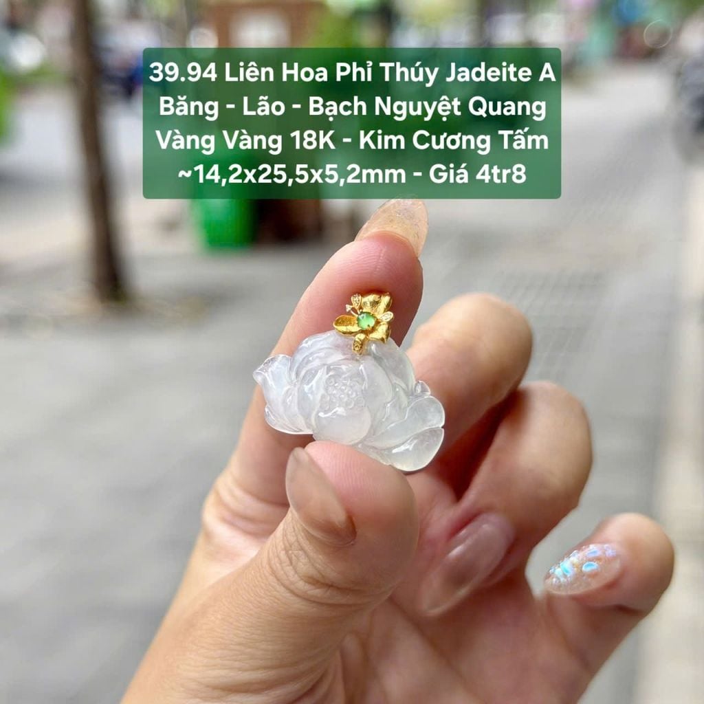 39.94 Liên Hoa Phỉ Thuý Jadeite A - Băng - Lão - Bạch Nguyệt Quang - VV18K - KC Tấm ~ 14,2x25,5x5,2mm