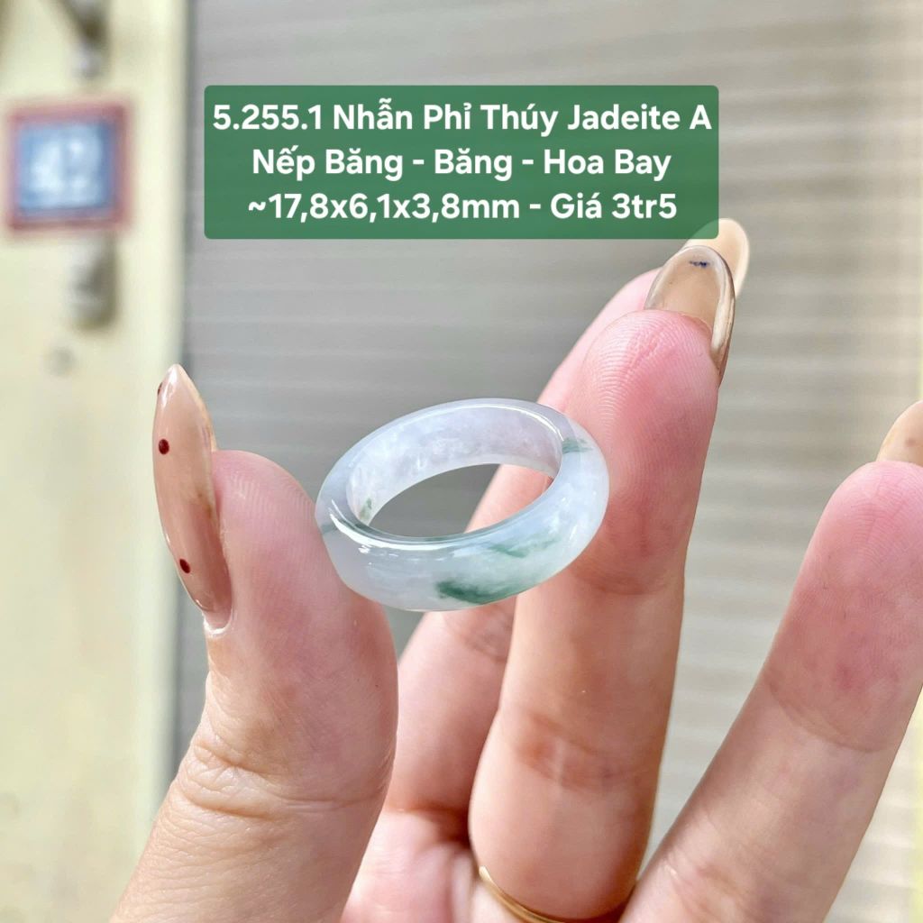 5.255.1 Nhẫn Phỉ Thuý Jadeite A - Nếp Băng -Băng - Hoa Bay ~17,8x7,1x3,8mm
