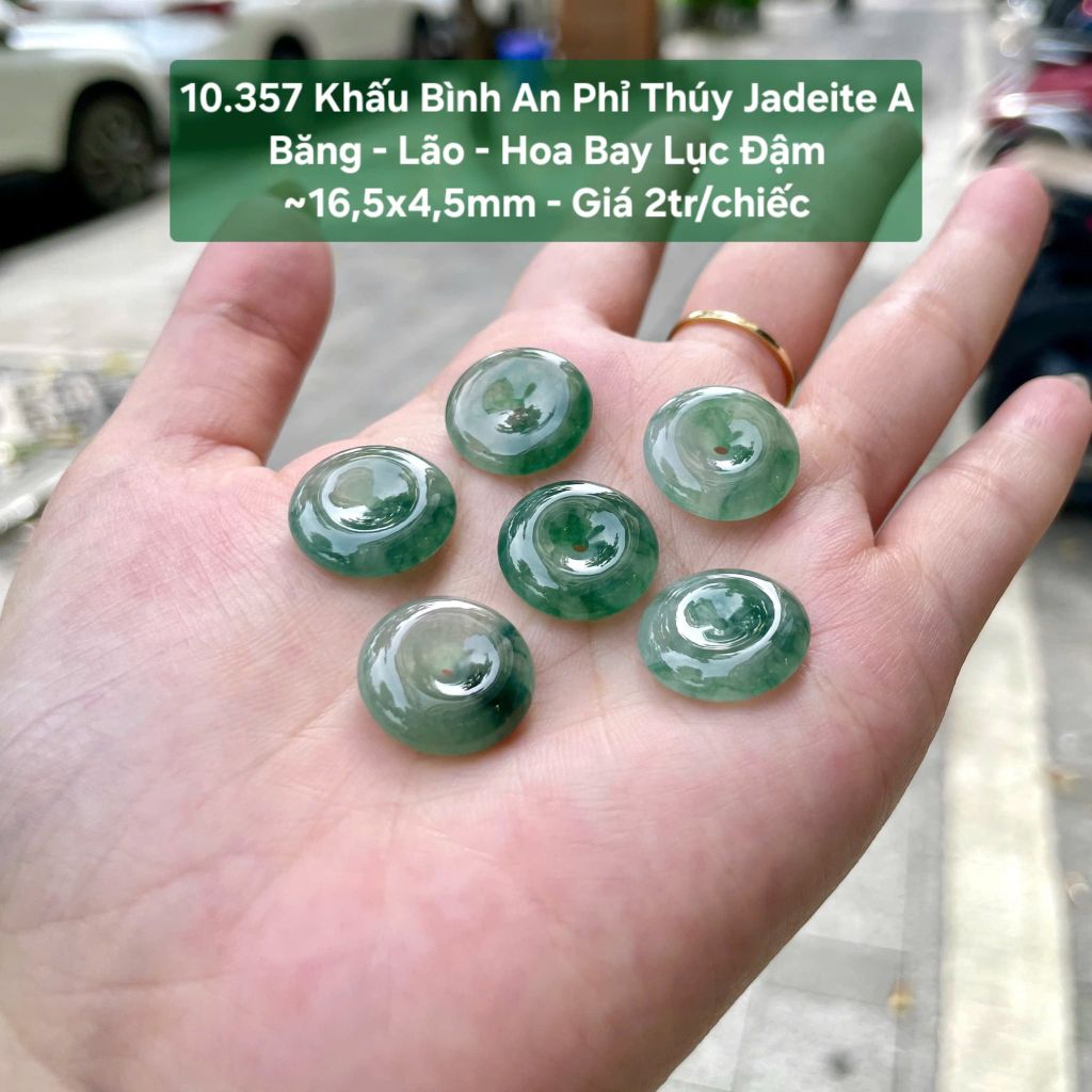 10.357 Khấu Bình An Phỉ Thuý Jadeite A - Băng - Lão - Hoa Bay Lục Đậm ~16,5x4,5mm