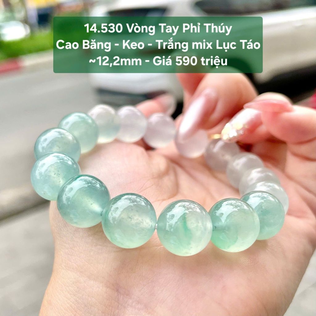 Vòng Tay Phỉ Thúy Cao Băng - Keo Trắng mix Lục Táo ~12,2mm 14.530