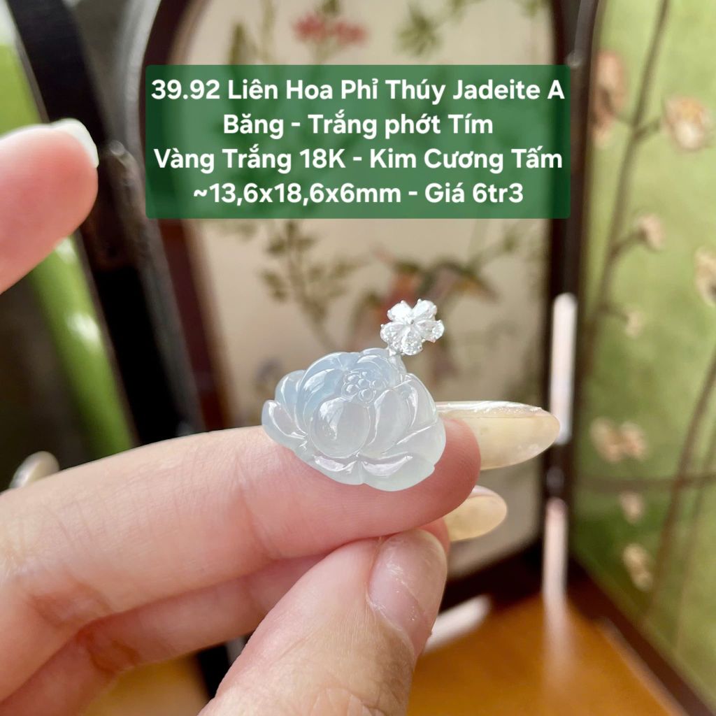 Liên Hoa Phỉ Thúy Jadeite A Băng Trắng phớt Tím - VT 18K KC Tấm ~13,6x18,6x6mm 39.92