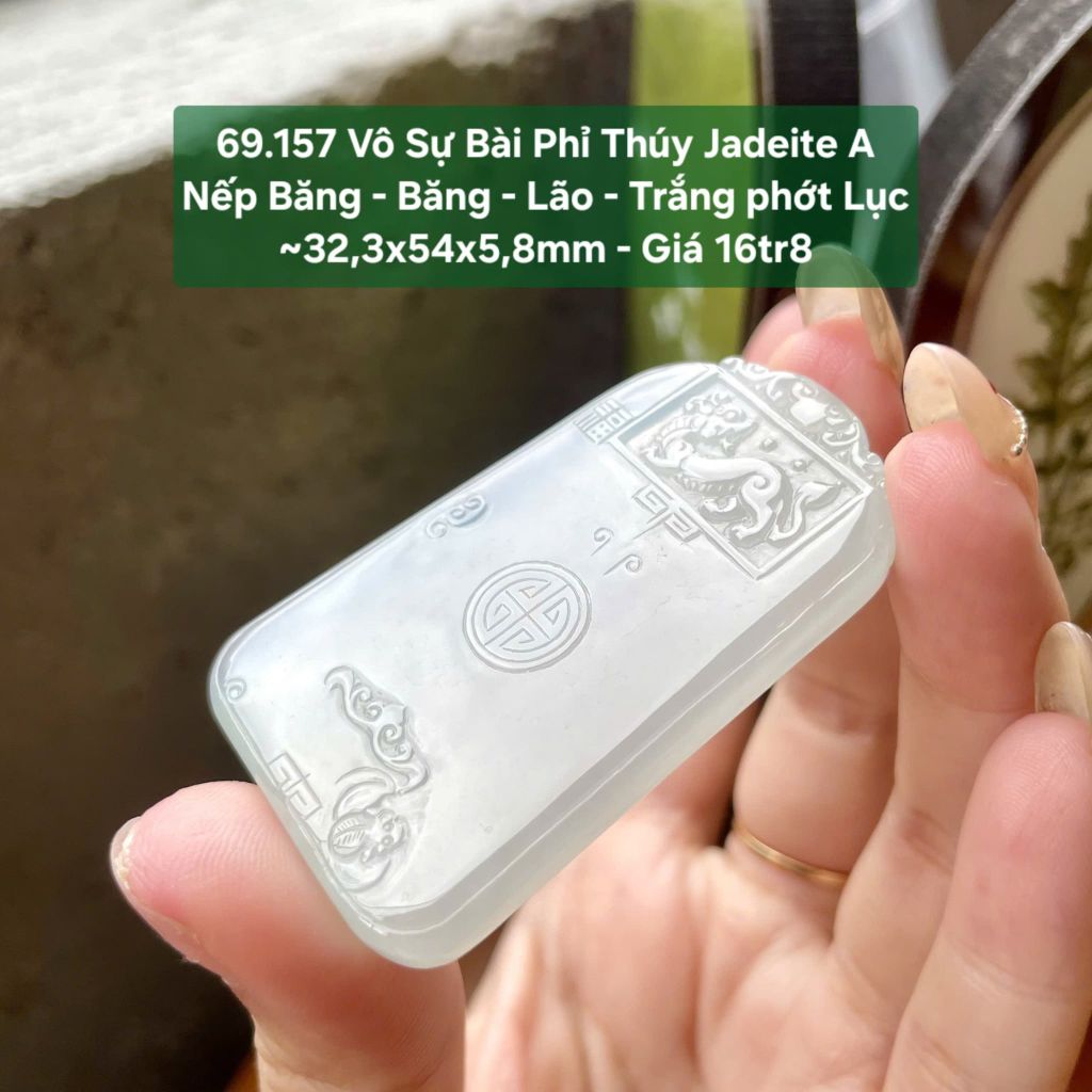 69.157 Vô Sự Bài Phỉ Thúy Jadeite A Nếp Băng Băng Lão Trắng phớt Lục ~32,3x54x5,8mm