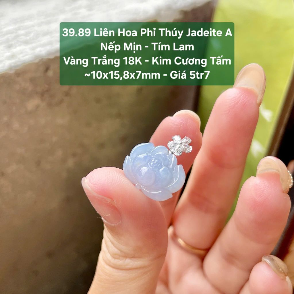 39.89 Liên Hoa Phỉ Thúy Jadeite A Nếp Mịn - Tím Lam VT 18K - KC Tấm ~10x15,8x7mm
