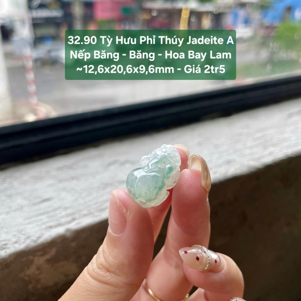 32.90 Tỳ Hưu Phỉ Thúy Jadeite A Nếp Băng Băng Hoa Bay Lam ~12,6x20,6x9,6mm