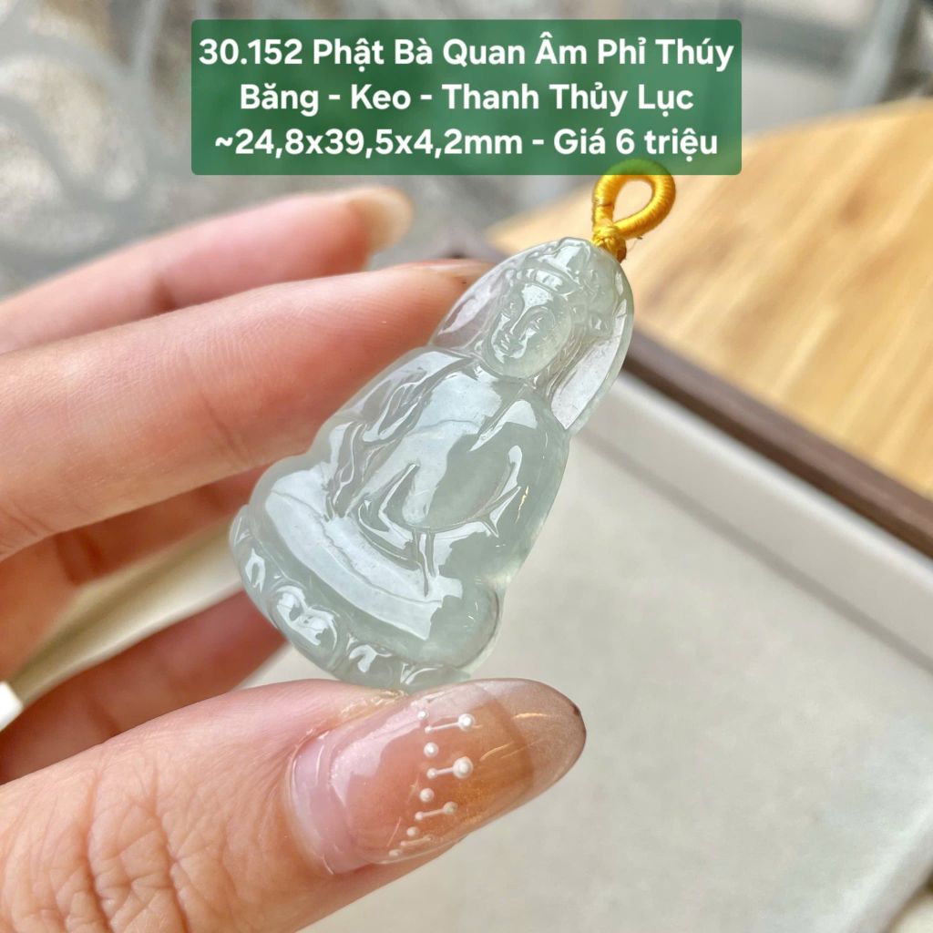 Phật Bà Quan Âm Phỉ Thúy Băng - Keo - Thanh Thủy Lục ~24,8x39,5x4,2mm 30.152