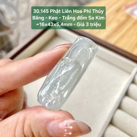 Phật Liên Hoa Phỉ Thúy Băng - Keo - Trắng đốm Sa Kim ~16x43x5,4mm 30.145
