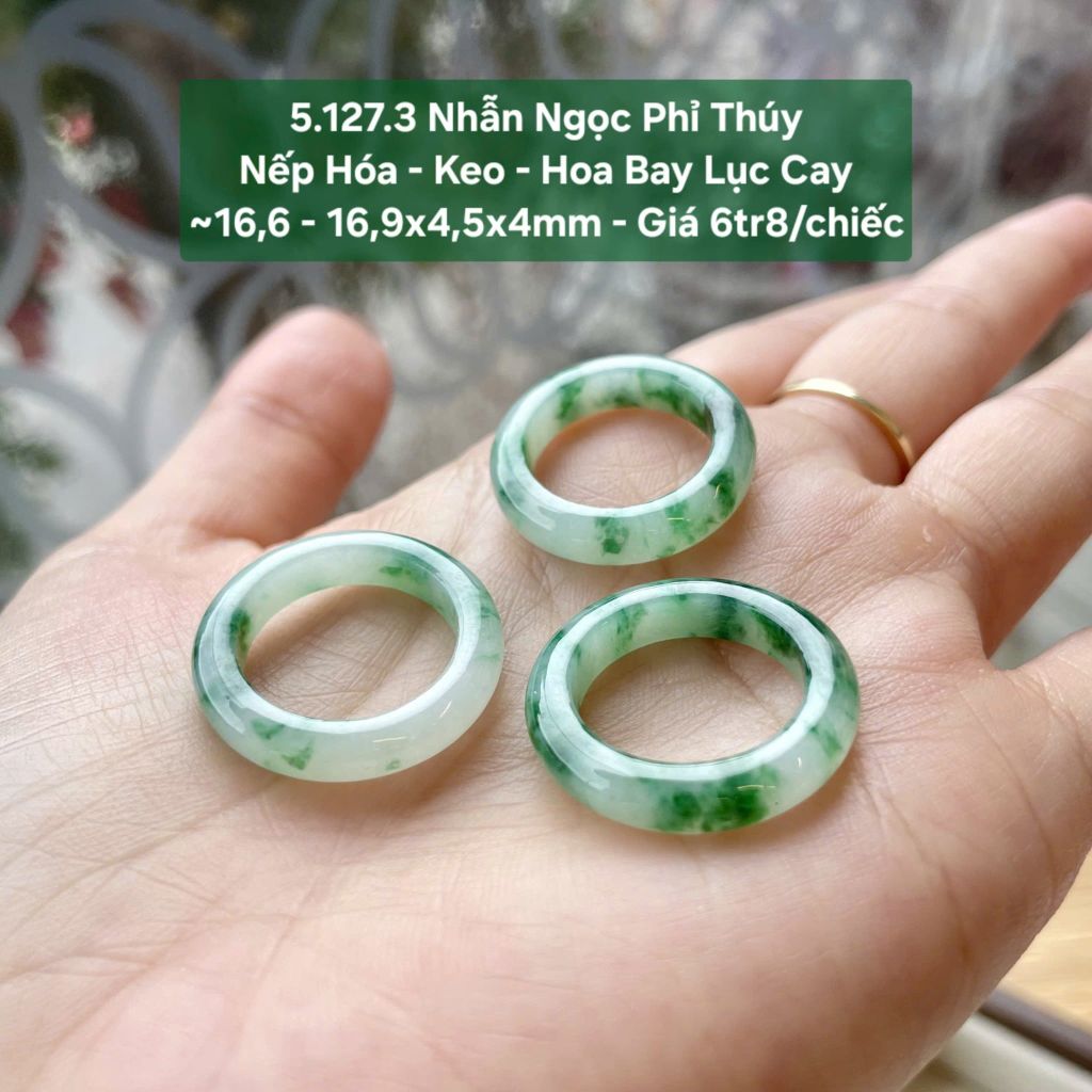 Nhẫn Ngọc Phỉ Thúy Nếp Hóa - Keo - Hoa Bay Lục Cay ~16,6 16,9x4,5x4mm 5.127.3