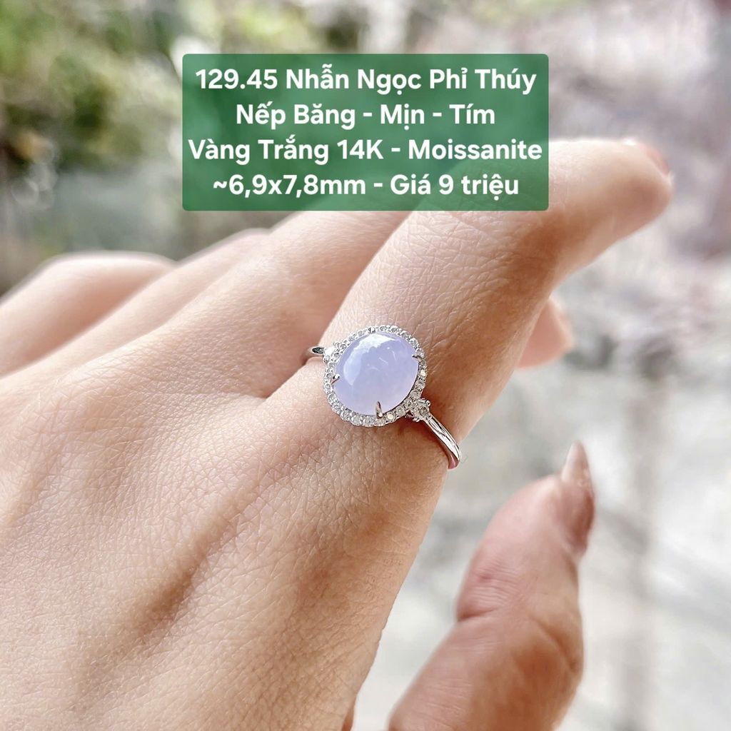 Nhẫn Ngọc Phỉ Thúy Nếp Băng - Mịn - Tím VT 14K - Moissanite ~6,9x7,8mm 129.45