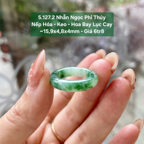 Nhẫn Ngọc Phỉ Thúy Nếp Hóa - Keo - Hoa Bay Lục Cay ~15,9x4,8x4mm 5.127.2