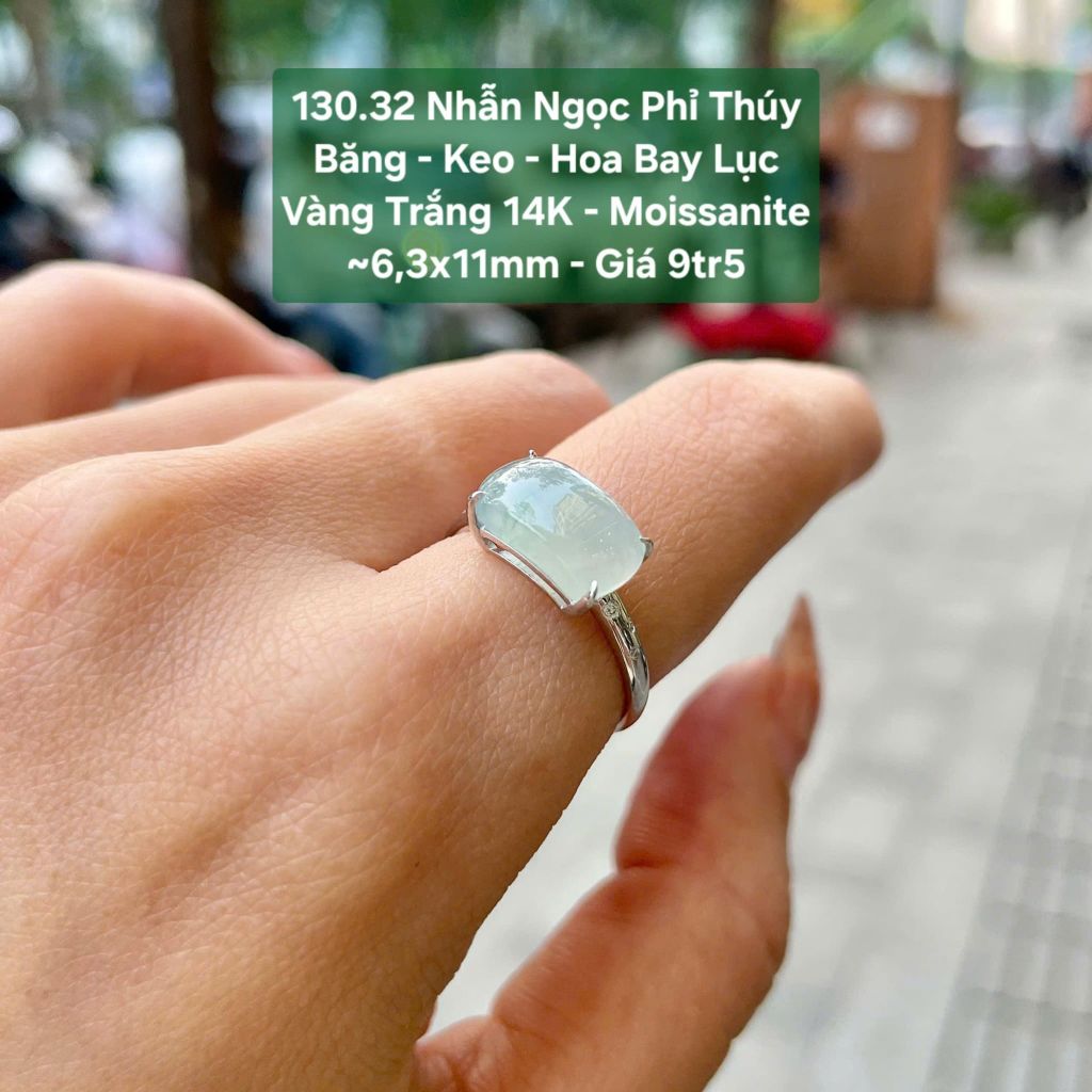 Nhẫn Ngọc Phỉ Thúy Băng - Keo - Hoa Bay Lục Vàng Trắng 14K - Moissanite ~6,3x11mm 130.32