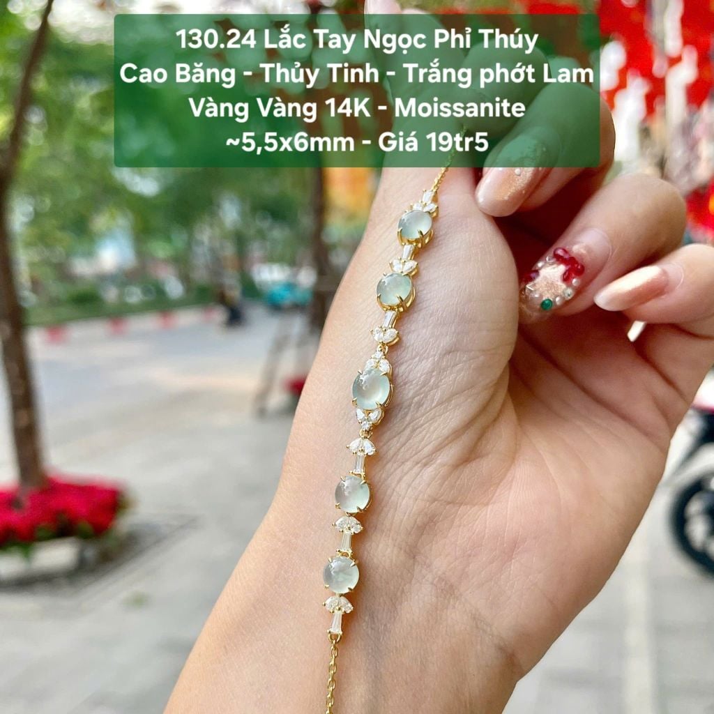 Lắc Tay Ngọc Phỉ Thúy Cao Băng - Thủy Tinh - Trắng phớt Lam Vàng Vàng 14K - Moissanite ~5,5x6mm 130.24