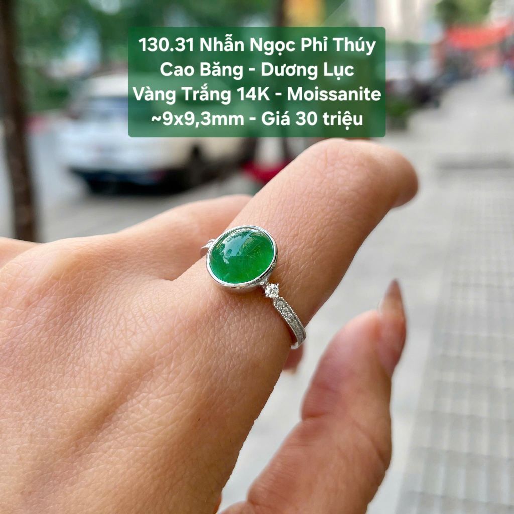 Nhẫn Ngọc Phỉ Thúy Cao Băng - Dương Lục - Vàng Trắng 14K - Moissanite ~9x9,3mm 130.31
