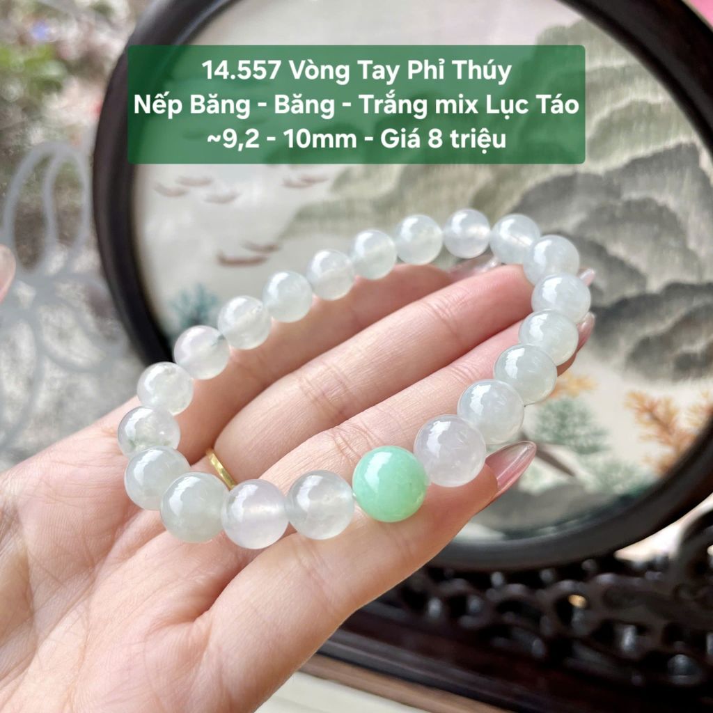 Vòng Tay Phỉ Thúy Nếp Băng Băng - Trắng mix Lục Táo - ~9,2 - 10mm 14.557