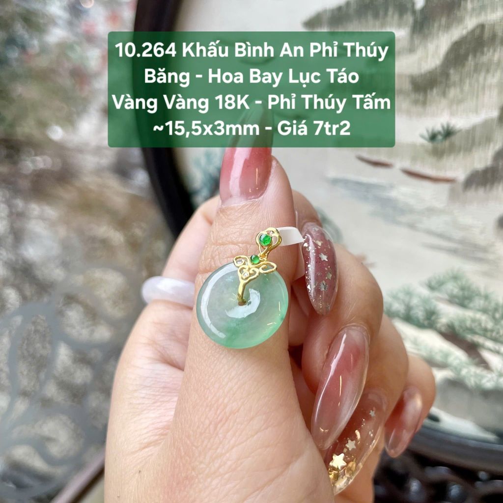 Khấu Bình An Phỉ Thúy Băng - Hoa Bay Lục Táo VV18 - Phỉ Thúy Tấm ~15,5x3mm 10.264