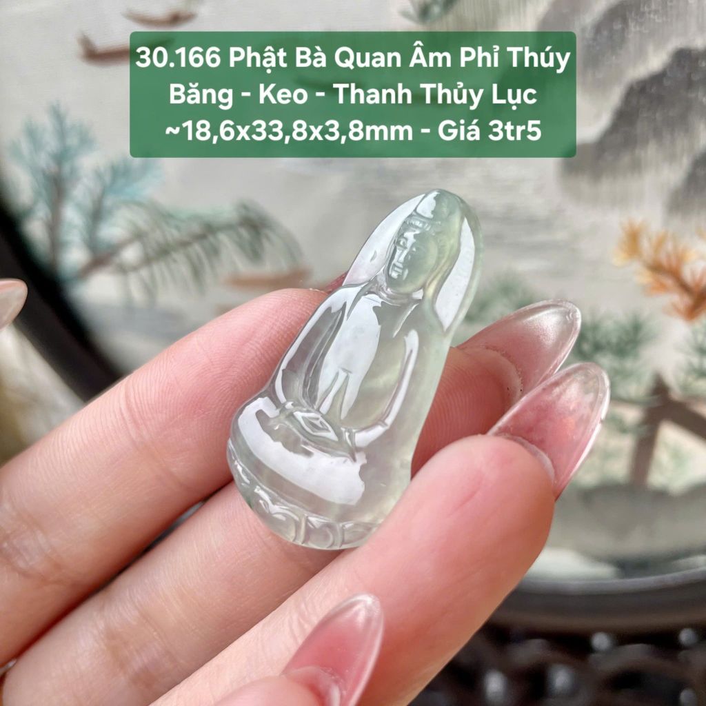 Phật Bà Quan Âm Phỉ Thúy Băng - Keo - Thanh Thủy Lục ~18,6x33,8x3,8mm 30.166