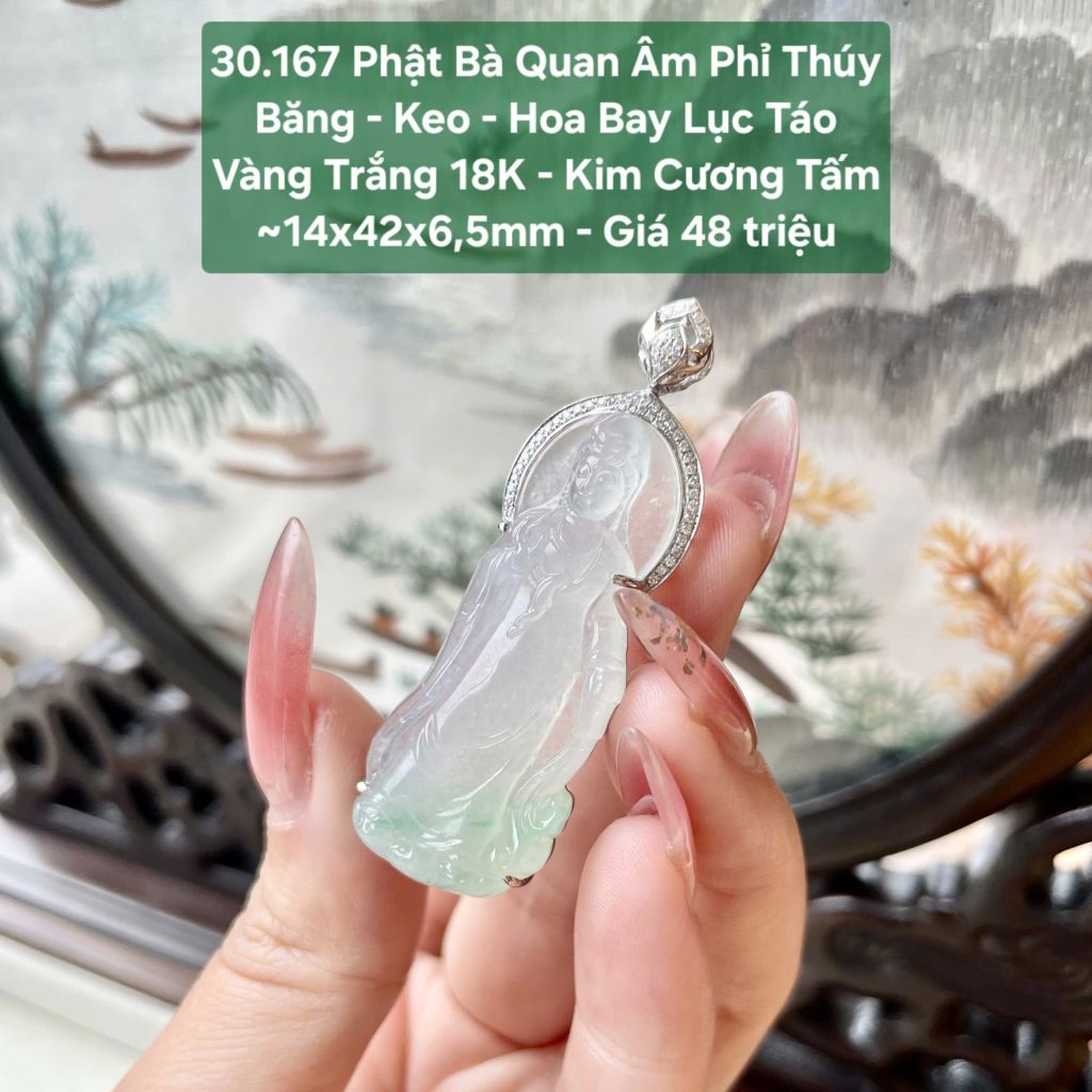 Phật Bà Quan Âm Phỉ Thúy Băng - Keo - Hoa Bay Lục Táo VT18 KC tấm ~14x42x6,5mm 30.167