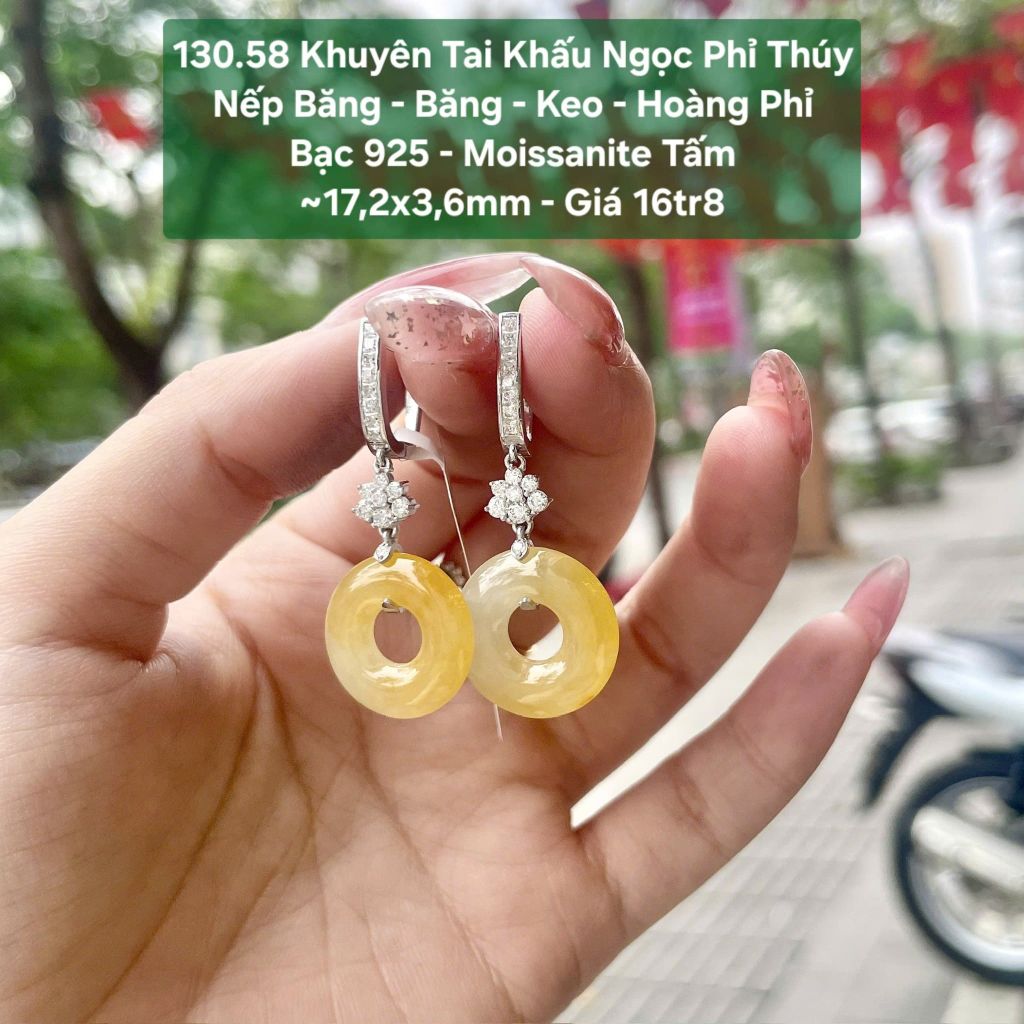 Khuyên Tai Khấu Ngọc Phỉ Thúy Nếp Băng - Băng - Keo - Hoàng Phỉ Bạc 925 Moissanite Tấm ~17,2x3,6mm 130.58