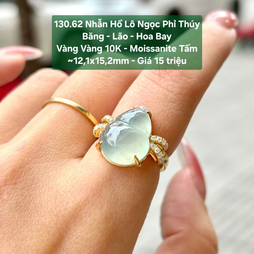 Nhẫn Hồ Lô Ngọc Phỉ Thúy Băng - Lão - Hoa Bay VV10k - Moissanite Tấm ~12,1x15,2mm 130.62