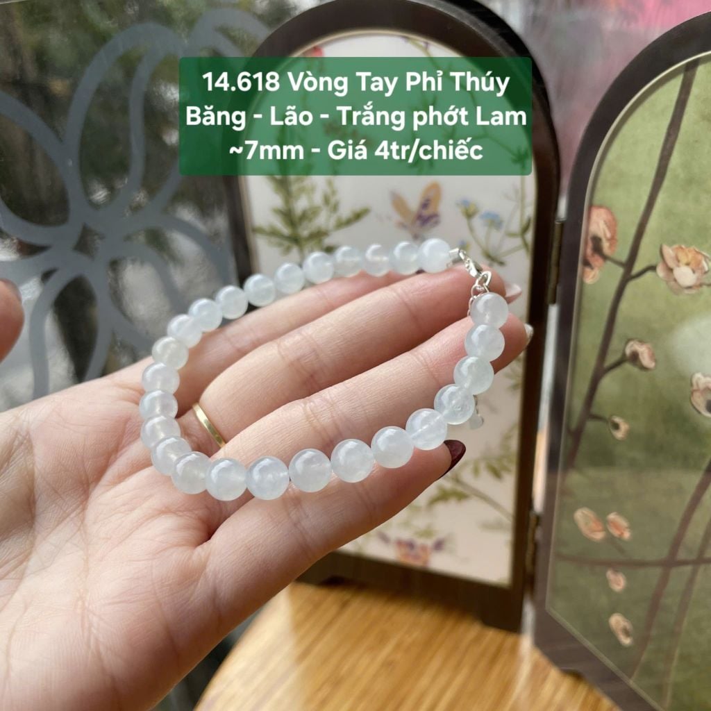 Vòng Tay Phỉ Thúy Băng Lão - Trắng phớt Lam ~7mm 14.618