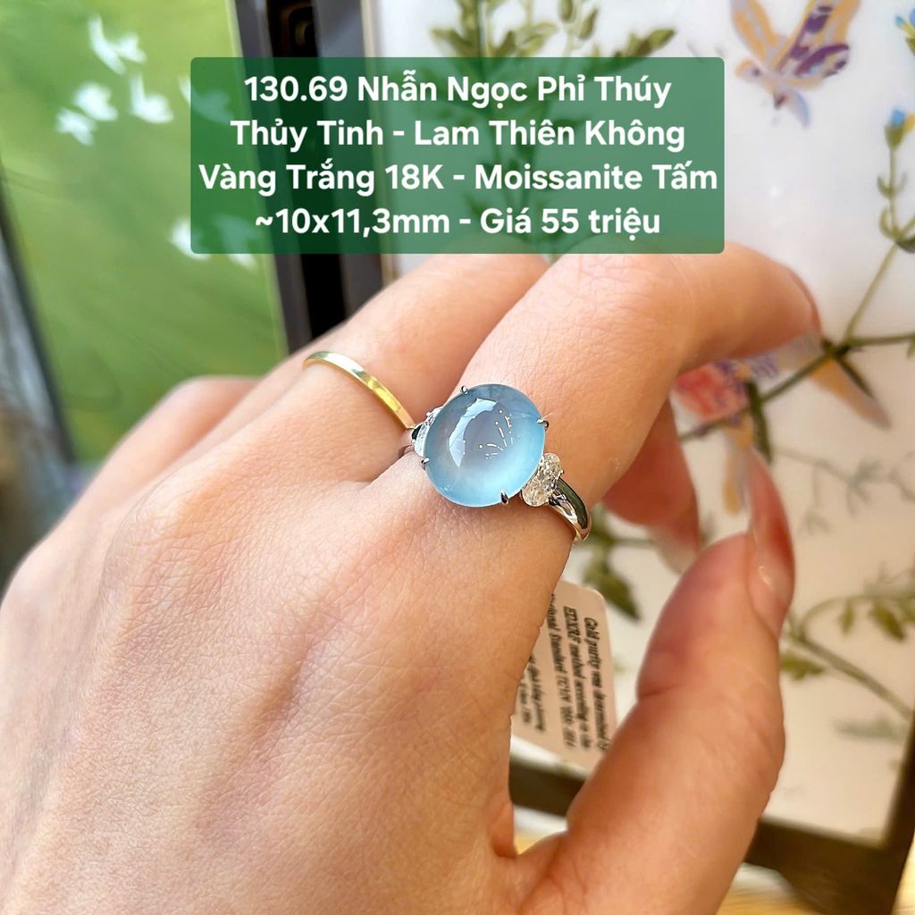 Nhẫn Ngọc Phỉ Thúy Thủy Tinh - Lam Thiên Không VT18K - Moissanite Tấm ~10x11,3mm 130.69