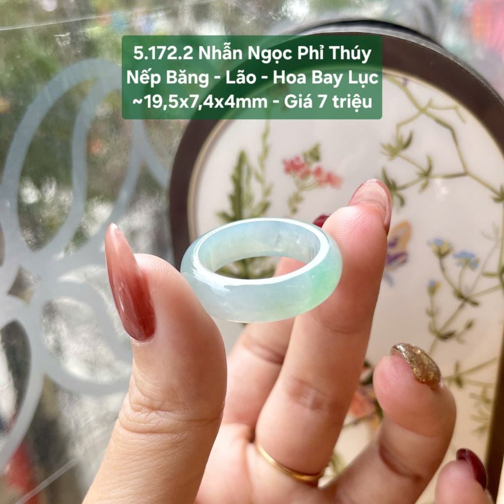 Nhẫn Ngọc Phỉ Thúy Nếp Băng Lão - Hoa Bay Lục ~19,5x7,4x4mm 5.172.2