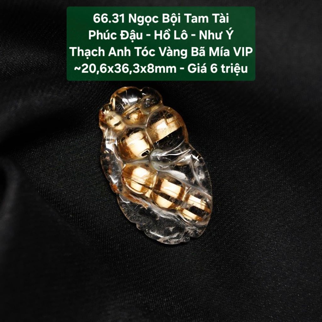 Ngọc Bội Tam Tài Phúc Đậu Hồ Lô - Như Ý - Thạch Anh Tóc Vàng Bã Mía VIP ~20,6x36,3x8mm 66.31