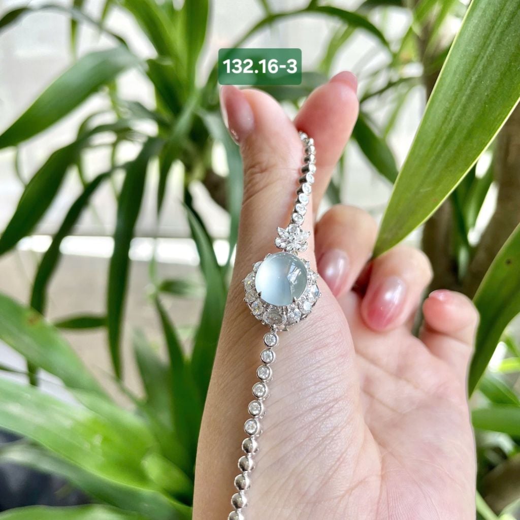 132.16 Lắc & Mặt Dây Phỉ Thuý Jadeite A Thuỷ Tinh - Bạch Nguyệt Quang VT18K - KC Tấm ~10x12mm