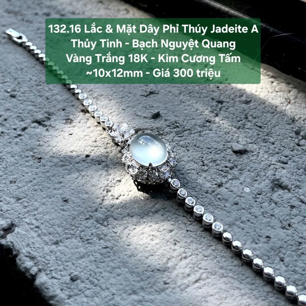 132.16 Lắc & Mặt Dây Phỉ Thuý Jadeite A Thuỷ Tinh - Bạch Nguyệt Quang VT18K - KC Tấm ~10x12mm