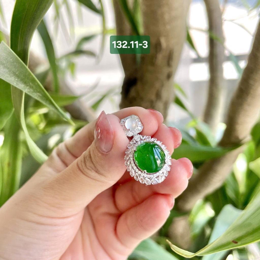 132.11 Mặt Dây & Nhẫn Phỉ Thuý Jadeite A Thuỷ Tinh - Đế Vương Lục - VT18K - KC Tấm ~ 10,3x11,3mm
