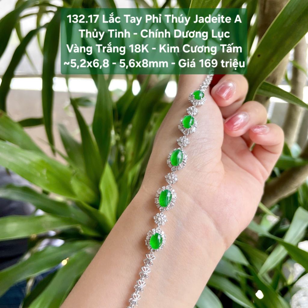 132.17 Lắc Tay Phỉ Thuý Jadeite A Thuỷ Tinh - Chính Dương Lục - VT18K - KC Tấm ~5,2x6,8 - 5,6x8mm