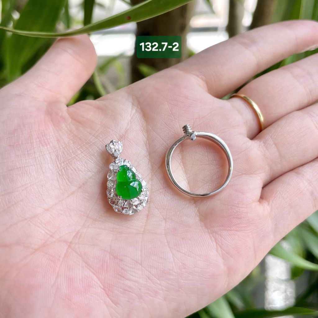132.7 Nhẫn & Mặt Hồ Lô Phỉ Thuý Jadeite A Thuỷ Tinh - Đế Vương Lục - VT18K - KC Tấm ~ 7,8 - 10mm