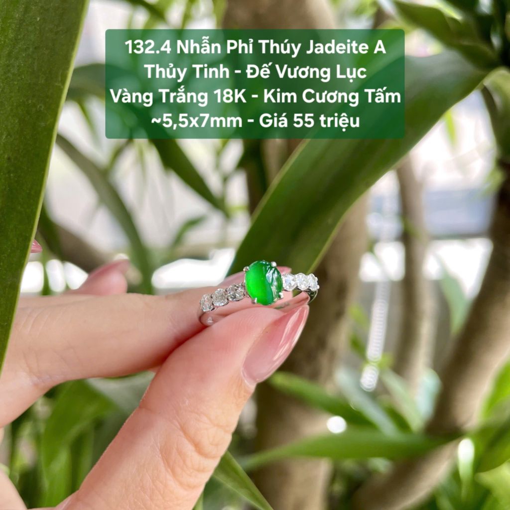132.4 Nhẫn Thuý Jadeite A Thuỷ Tinh - Đế Vương Lục - VT18K -KC Tấm - 5,5x7mm