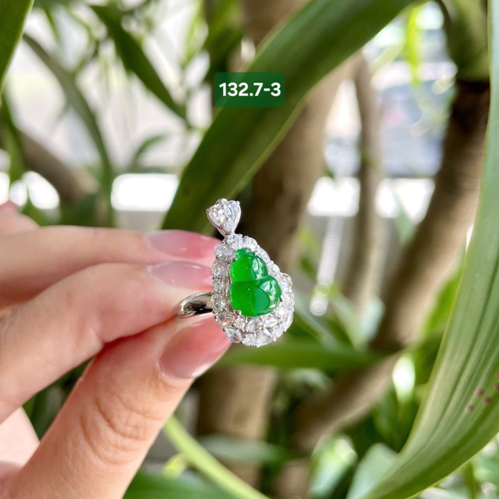 132.7 Nhẫn & Mặt Hồ Lô Phỉ Thuý Jadeite A Thuỷ Tinh - Đế Vương Lục - VT18K - KC Tấm ~ 7,8 - 10mm