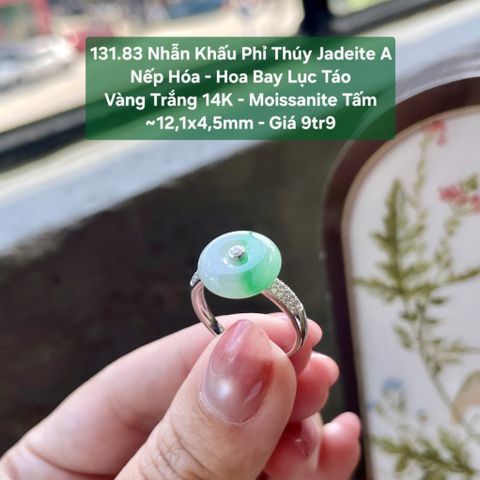 131.83 Nhẫn Khấu Ngọc Phỉ Thuý Jadeite A -  Nếp Hoá - Hoa Bay Lục Táo - VT14K - Mois Tấm ~12,1x4,5mm
