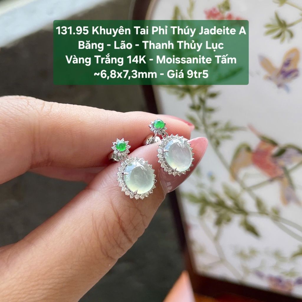 131.95 Khuyên Tai Phỉ Thuý Jadeite A - Băng - Lão - Thanh Thuỷ Lục - VT14K - Mois Tấm ~6,8x7,3mm