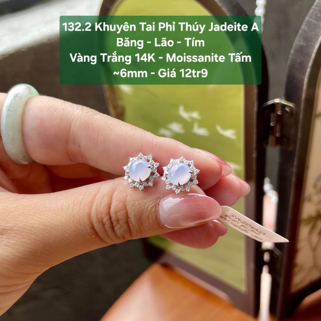 132.2 Khuyên Tai Phỉ Thuý Jadeite A - Băng -  Lão - Tím - VT14K - Mois Tấm ~6mm