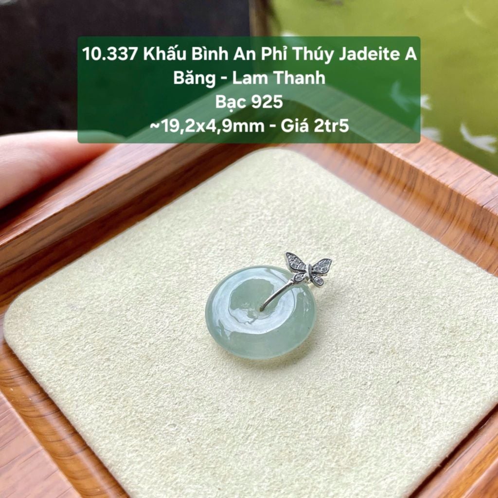 10.337 Khấu Bình An Phỉ Thuý Jadeite A - Băng - Lam Thanh- Bạc 925 ~19,2x4,9mm