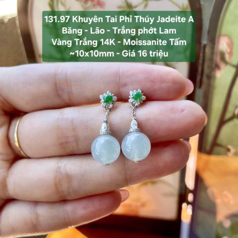 131.97 Khuyên Tai Phỉ Thuý Jadeite A - Băng -  Lão - Trắng Phớt Lam - VT14K - Mois Tấm - 10x10mm
