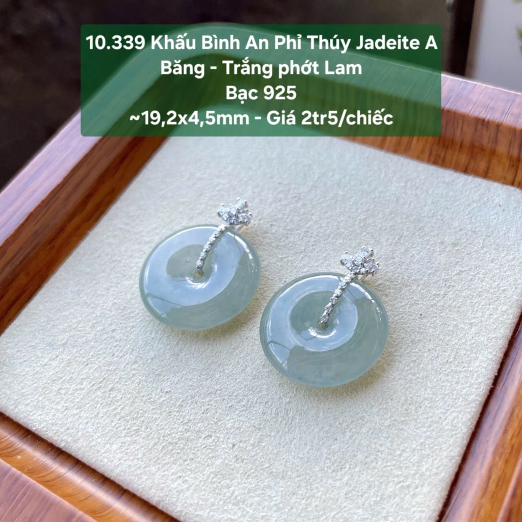 10.339 Khấu Bình An Phỉ Thuý Jadeite A - Băng - Trắng Phớt Lam - Bạc 925 ~19,2x4,5mm