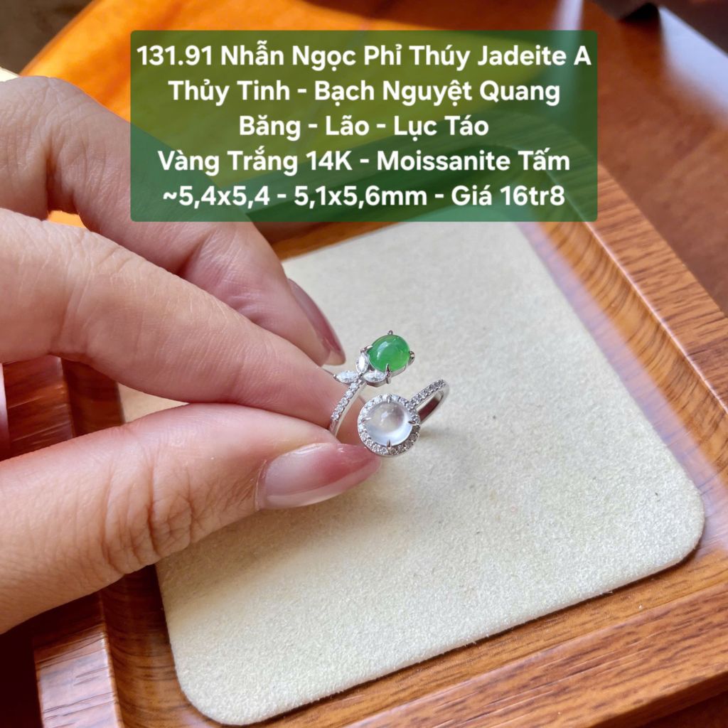 131.91 Nhẫn Ngọc Phỉ Thuý Jadeite A - Thuỷ Tinh- Bạch Nguyệt Quang - Băng - Lão - Lục Táo-  VT14K- Mois Tấm ~5,4x5,4 - 5,1x5,6mm
