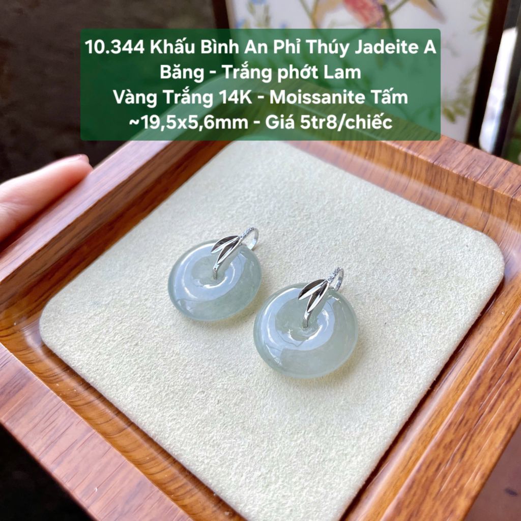 10.344 Khấu Bình An Phỉ Thuý Jadeite A - Băng - Trắng Phớt Lam - VT14K - Mois Tấm ~19,5x5,6mm