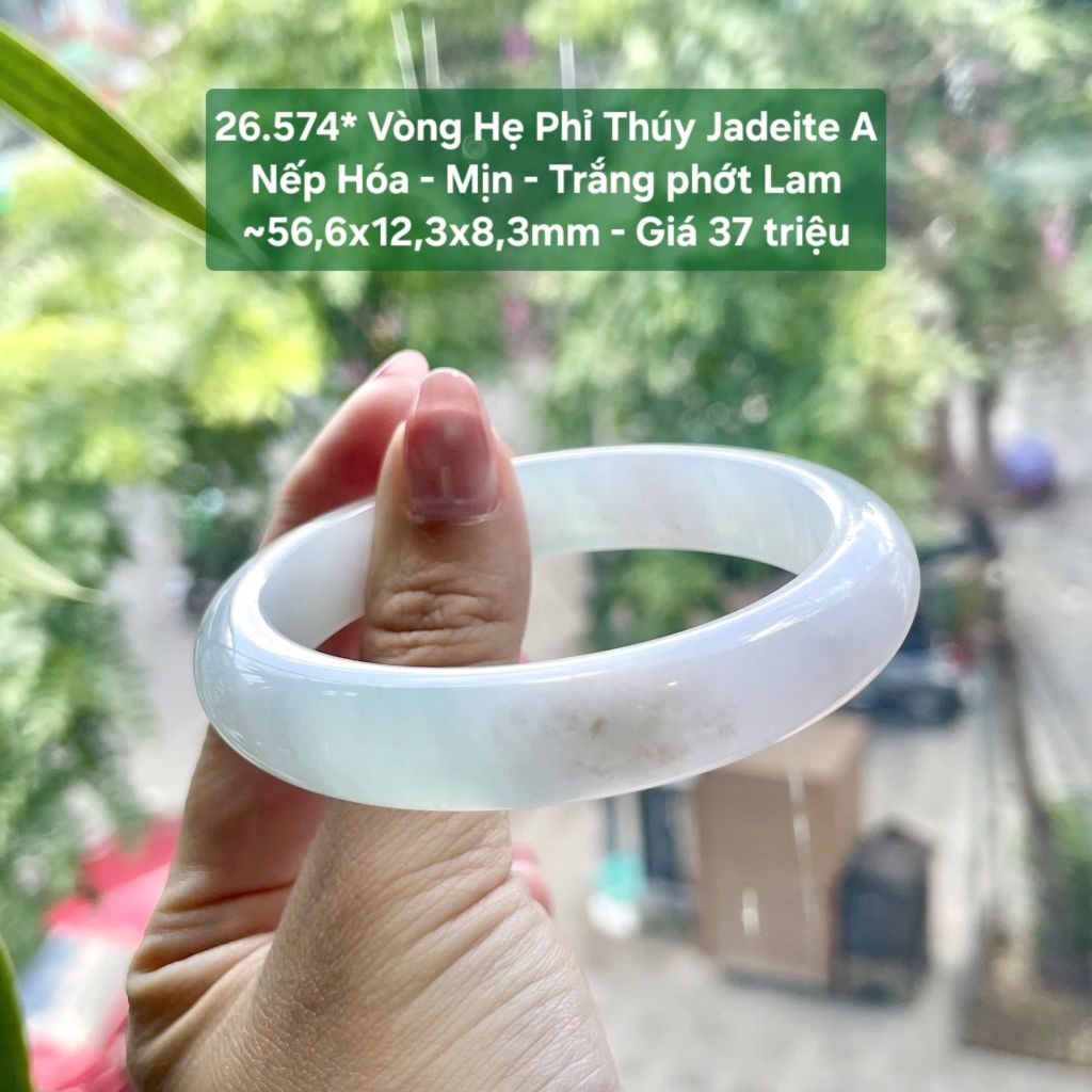 26.574* Vòng Hẹ Phỉ Thuý Jadeite A Nếp - Nếp Hoá - Mịn - Trắng Phớt Lam ~ 56,6x12,3x8,3mm