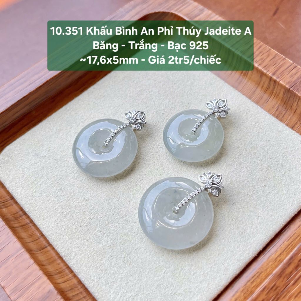 10.351 Khấu Bình An Phỉ Thuý Jadeite A - Băng - Trắng - Bạc S925 ~17,6x5mm