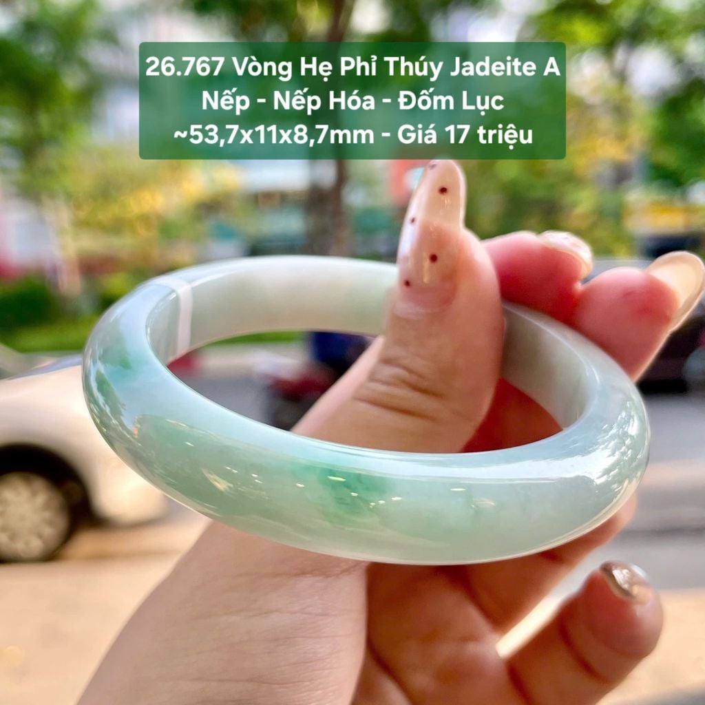 26.767 Vòng Hẹ Phỉ Thuý Jadeite A - Nếp - Nếp Hoá - Đốm Lục ~ 53,7x11x8,7mm