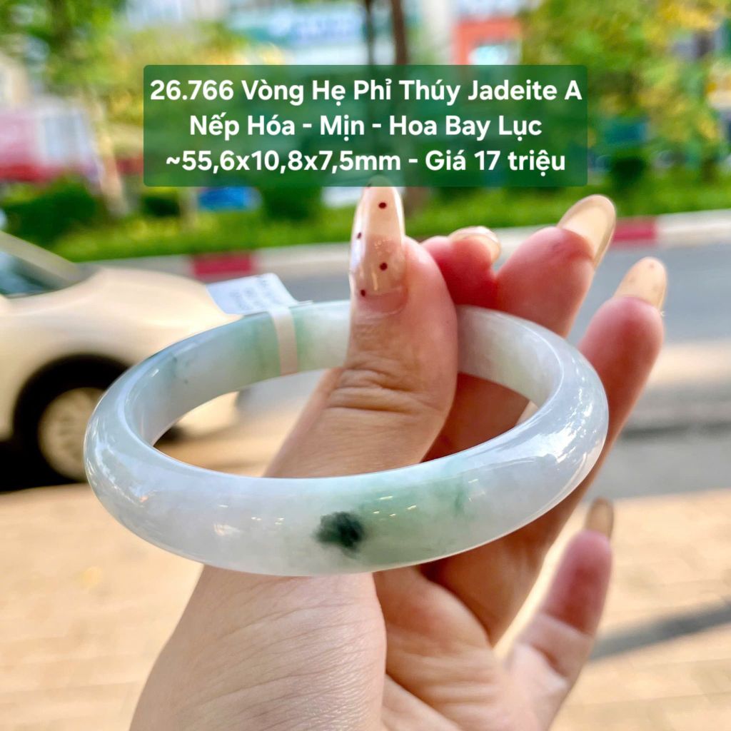 26.766 Vòng Hẹ Phỉ Thuý Jadeite A - Nếp Hoá -  Mịn - Hoa Bay Lục ~55,6x10,8x7,5mm