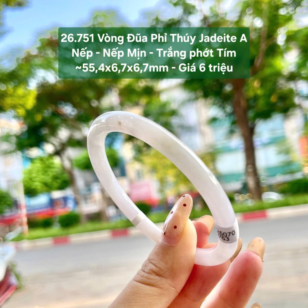 26.751 Vòng Đũa Phỉ Thuý Jadeite A - Nếp - Nếp Mịn - Trắng Phớt Tím ~55,4x6,7x6,7mm