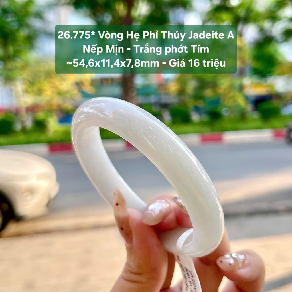 26.775* Vòng Hẹ Phỉ Thuý Jadeite A - Nếp Mịn - Trắng Phớt Tím ~ 54,6x11,4x7,8mm