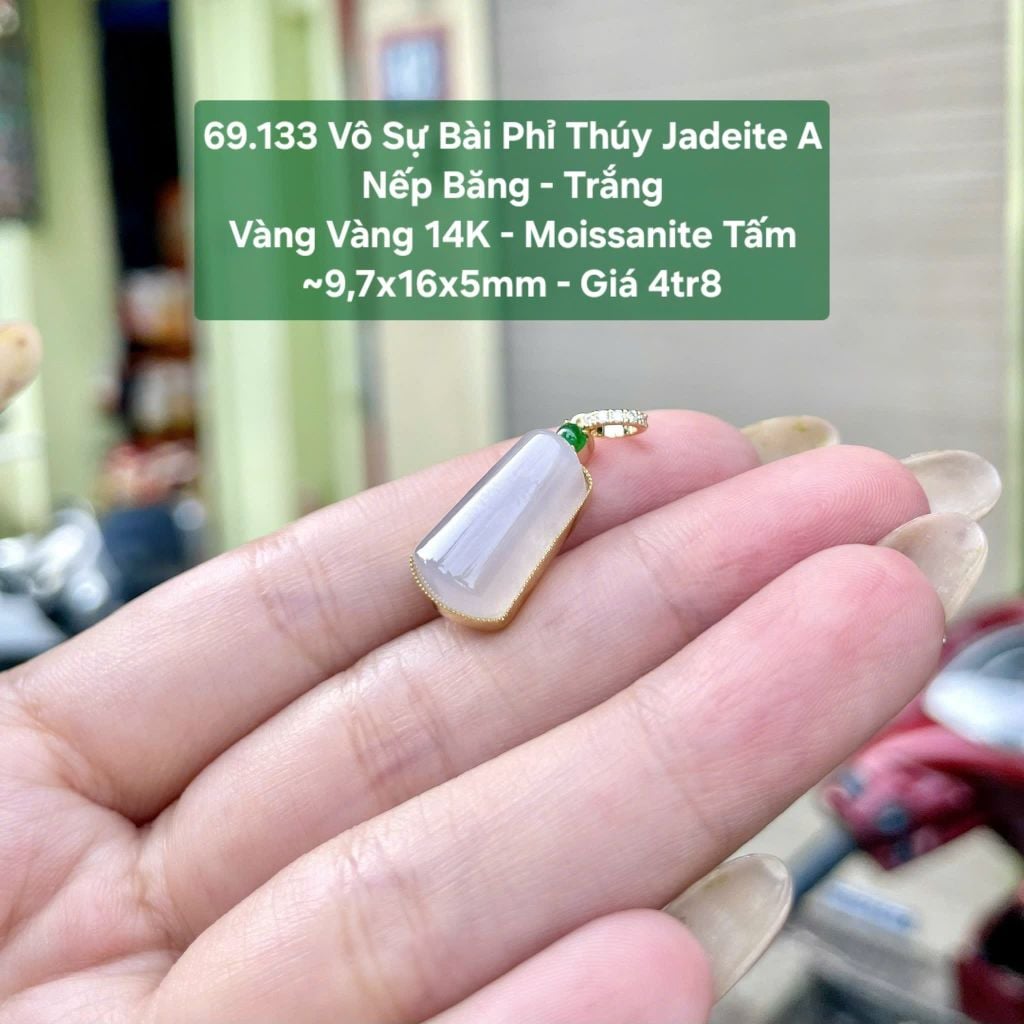 69.133 Vô Sự Bài Phỉ Thuý Jadeite A - Nếp Băng - Trắng - VV14K - Mois Tấm ~ 9,7x16x5mm